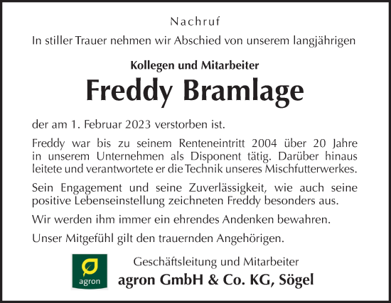 Traueranzeige von Freddy Bramlage von Neue Osnabrücker Zeitung GmbH & Co. KG