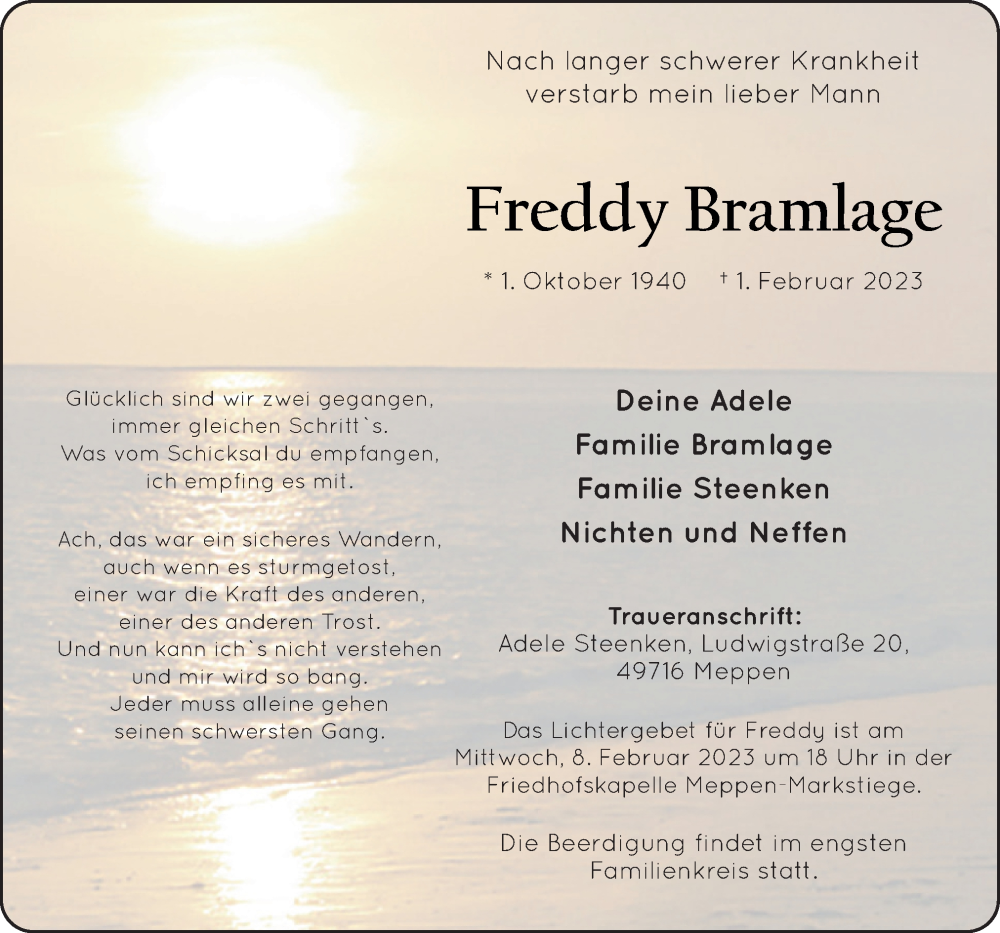  Traueranzeige für Freddy Bramlage vom 04.02.2023 aus Neue Osnabrücker Zeitung GmbH & Co. KG