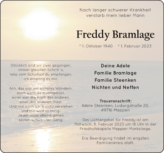 Traueranzeige von Freddy Bramlage von Neue Osnabrücker Zeitung GmbH &amp; Co. KG