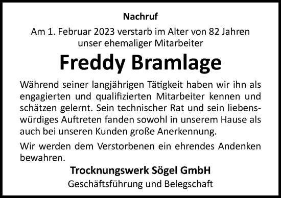 Traueranzeige von Freddy Bramlage von Neue Osnabrücker Zeitung GmbH & Co. KG