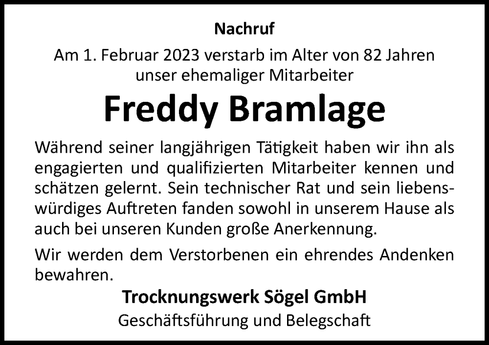  Traueranzeige für Freddy Bramlage vom 08.02.2023 aus Neue Osnabrücker Zeitung GmbH & Co. KG