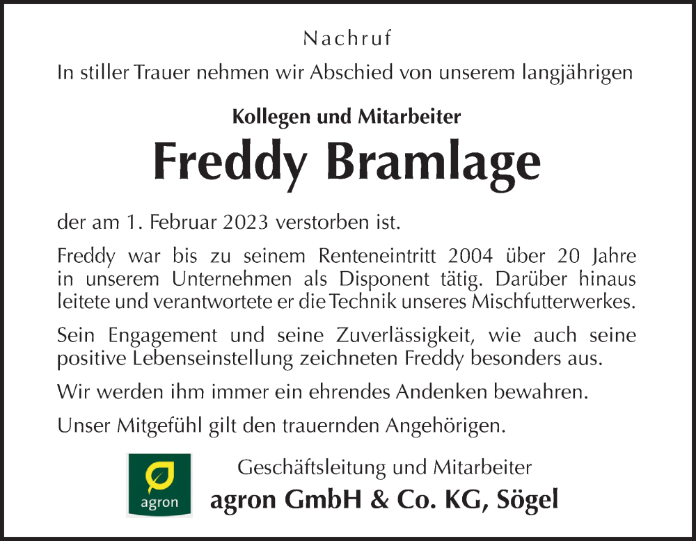  Traueranzeige für Freddy Bramlage vom 08.02.2023 aus Neue Osnabrücker Zeitung GmbH & Co. KG