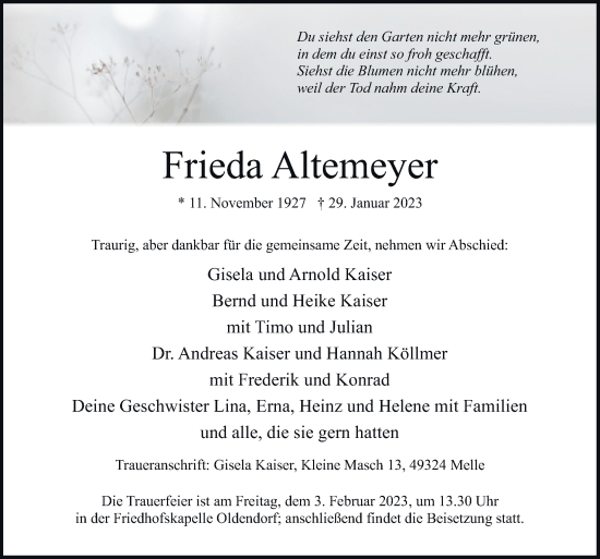 Traueranzeige von Frieda Altemeyer von Neue Osnabrücker Zeitung GmbH & Co. KG