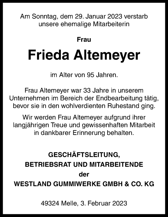 Traueranzeige von Frieda Altemeyer von Neue Osnabrücker Zeitung GmbH & Co. KG