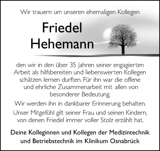 Traueranzeige von Friedel Hehemann von Neue Osnabrücker Zeitung GmbH & Co. KG