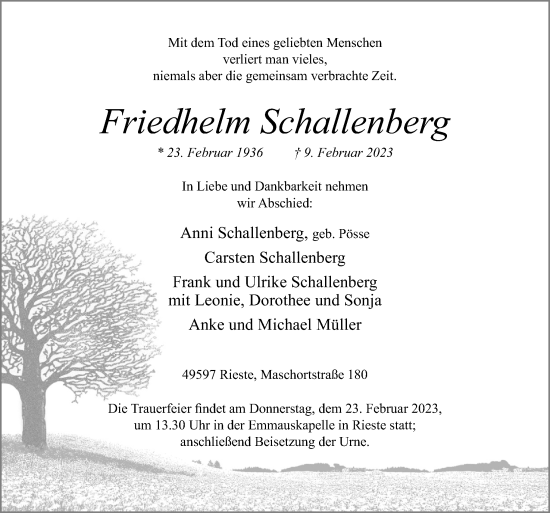 Traueranzeige von Friedhelm Schallenberg von Neue Osnabrücker Zeitung GmbH & Co. KG