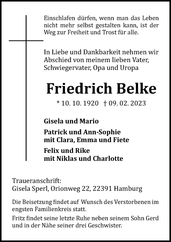 Traueranzeige von Friedrich Belke von Neue Osnabrücker Zeitung GmbH & Co. KG