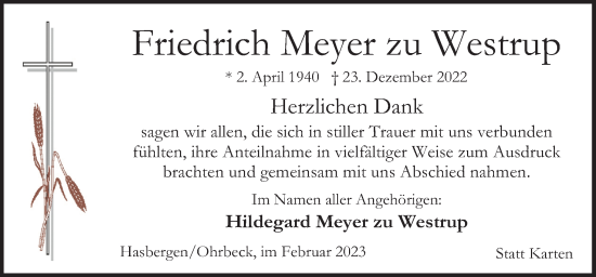 Traueranzeige von Friedrich Meyer zu Westrup von Neue Osnabrücker Zeitung GmbH & Co. KG