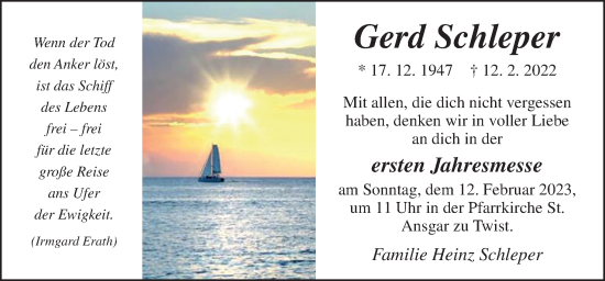 Traueranzeige von Gerd Schleper von Neue Osnabrücker Zeitung GmbH & Co. KG