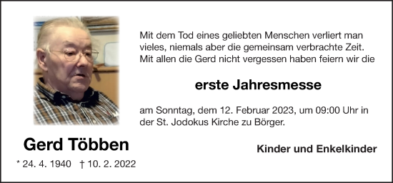 Traueranzeige von Gerd Többen von Neue Osnabrücker Zeitung GmbH & Co. KG