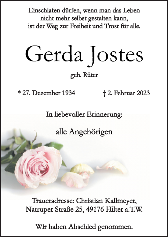 Traueranzeige von Gerda Jostes von Neue Osnabrücker Zeitung GmbH & Co. KG