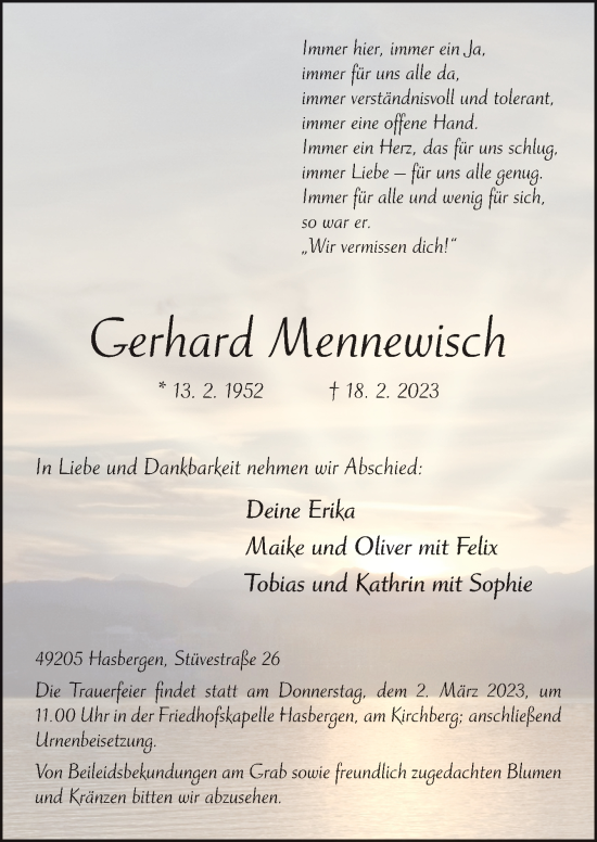 Traueranzeige von Gerhard Mennewisch von Neue Osnabrücker Zeitung GmbH & Co. KG