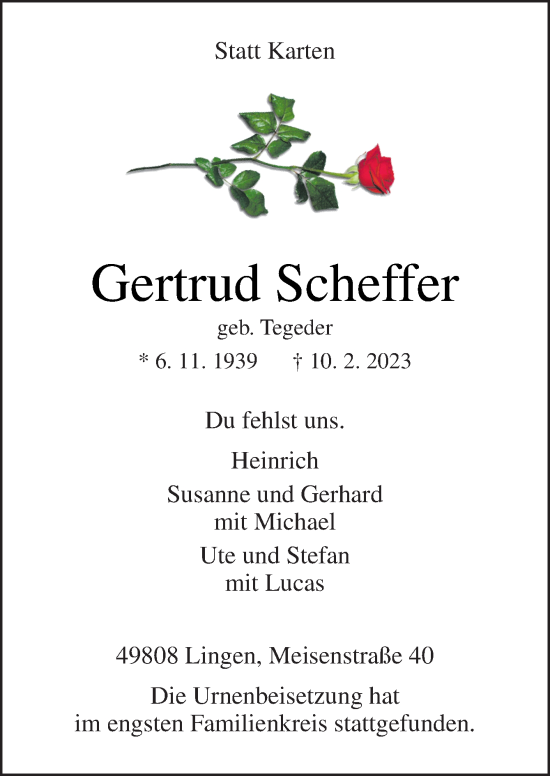 Traueranzeige von Gertrud Scheffer von Neue Osnabrücker Zeitung GmbH & Co. KG