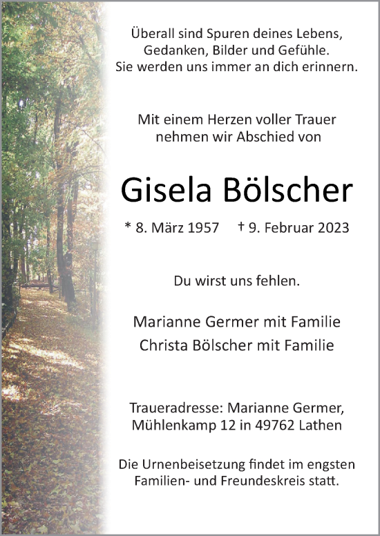 Traueranzeige von Gisela Bölscher von Neue Osnabrücker Zeitung GmbH & Co. KG