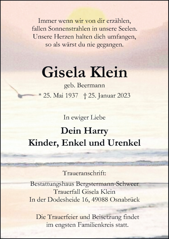 Traueranzeige von Gisela Klein von Neue Osnabrücker Zeitung GmbH & Co. KG