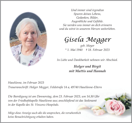 Traueranzeige von Gisela Megger von Neue Osnabrücker Zeitung GmbH & Co. KG