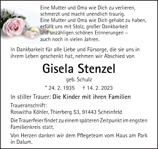 Traueranzeige von Gisela Stenzel von Neue Osnabrücker Zeitung GmbH & Co. KG