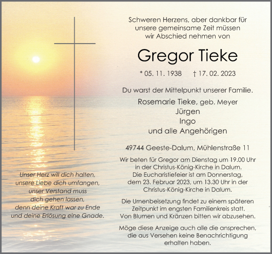 Traueranzeige von Gregor Tieke von Neue Osnabrücker Zeitung GmbH & Co. KG