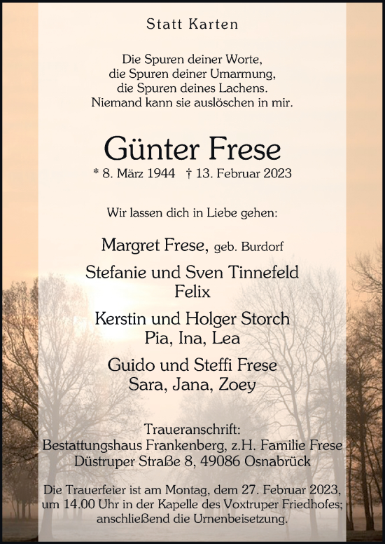 Traueranzeige von Günter Frese von Neue Osnabrücker Zeitung GmbH & Co. KG