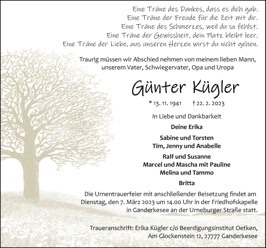 Traueranzeige von Günter Kügler von DK Medien GmbH & Co. KG