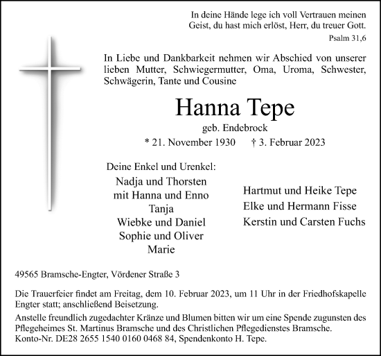 Traueranzeige von Hanna Tepe von Neue Osnabrücker Zeitung GmbH & Co. KG