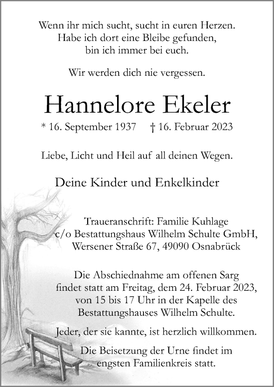 Traueranzeige von Hannelore Ekeler von Neue Osnabrücker Zeitung GmbH & Co. KG