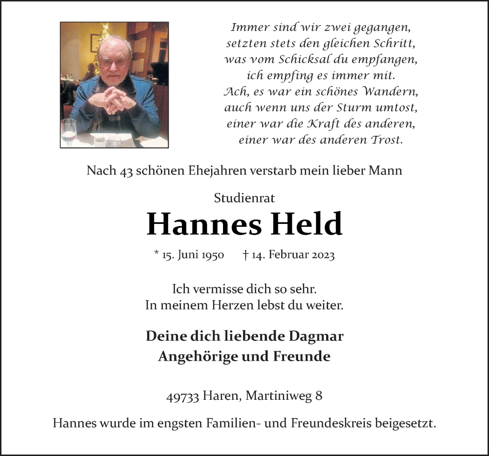  Traueranzeige für Hannes Held vom 20.02.2023 aus Neue Osnabrücker Zeitung GmbH & Co. KG