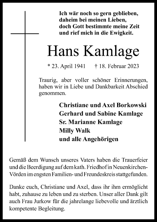 Traueranzeige von Hans Kamlage von Neue Osnabrücker Zeitung GmbH & Co. KG