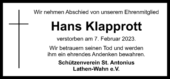 Traueranzeige von Hans Klapprott von Neue Osnabrücker Zeitung GmbH & Co. KG