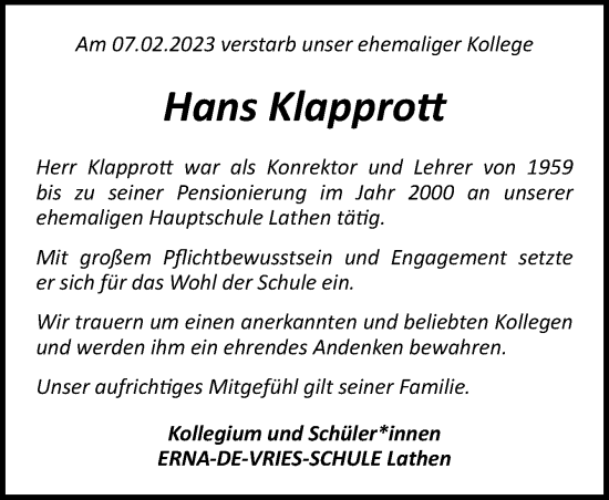 Traueranzeige von Hans Klapprott von Neue Osnabrücker Zeitung GmbH & Co. KG