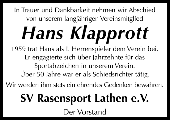 Traueranzeige von Hans Klapprott von Neue Osnabrücker Zeitung GmbH & Co. KG