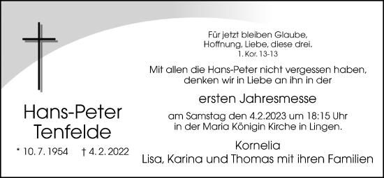 Traueranzeige von Hans-Peter Tenfelde von Neue Osnabrücker Zeitung GmbH & Co. KG