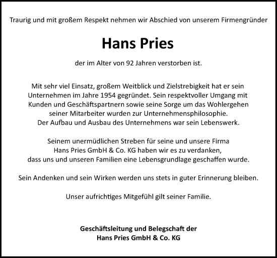 Traueranzeige von Hans Pries von DK Medien GmbH & Co. KG