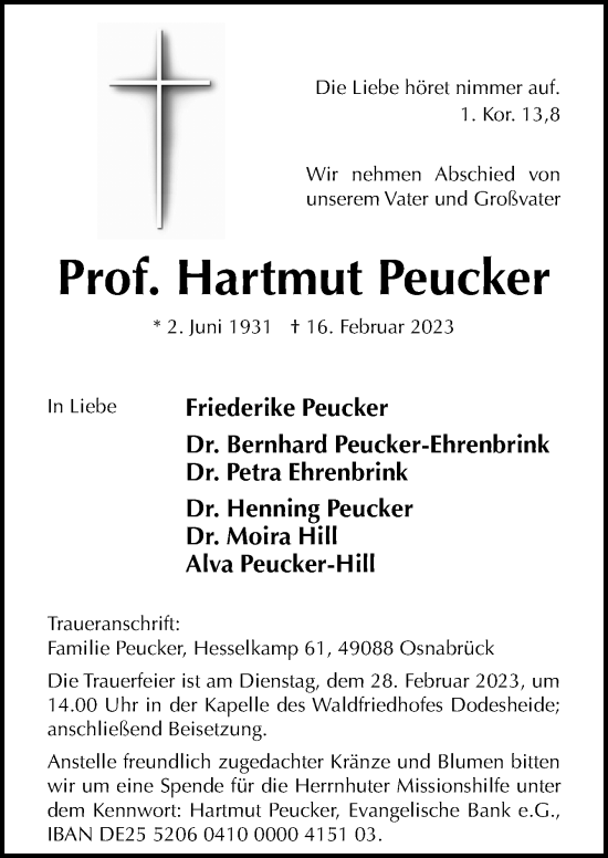 Traueranzeige von Hartmut Peucker von Neue Osnabrücker Zeitung GmbH & Co. KG