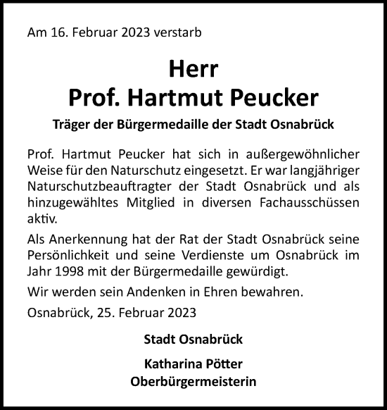 Traueranzeige von Hartmut Peucker von Neue Osnabrücker Zeitung GmbH & Co. KG
