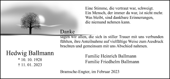 Traueranzeige von Hedwig Ballmann von Neue Osnabrücker Zeitung GmbH & Co. KG