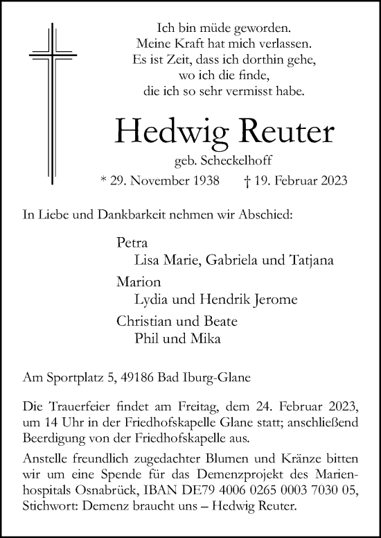 Traueranzeige von Hedwig Reuter von Neue Osnabrücker Zeitung GmbH & Co. KG