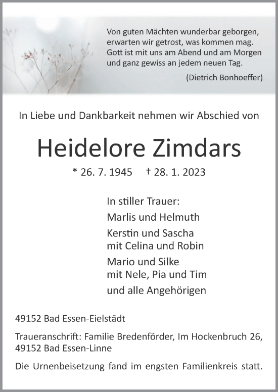 Traueranzeige von Heidelore Zimdars von Neue Osnabrücker Zeitung GmbH & Co. KG