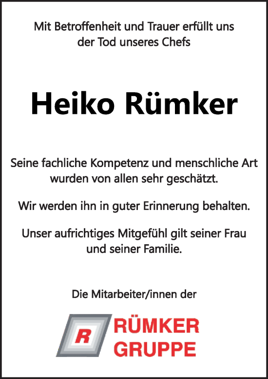 Traueranzeige von Heiko Rümker von Neue Osnabrücker Zeitung GmbH & Co. KG