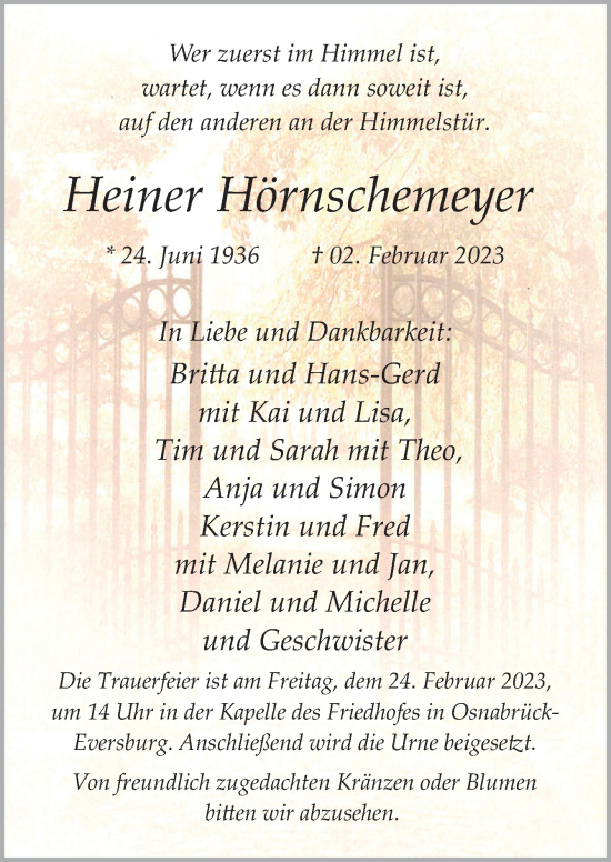Traueranzeige von Heiner Hörnschemeyer von Neue Osnabrücker Zeitung GmbH & Co. KG