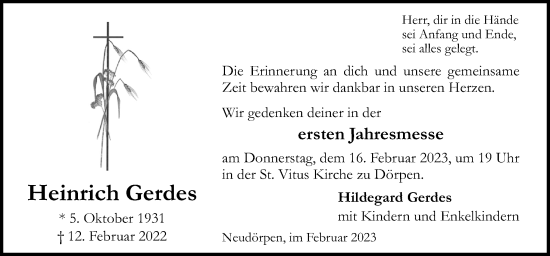 Traueranzeige von Heinrich Gerdes von Neue Osnabrücker Zeitung GmbH & Co. KG