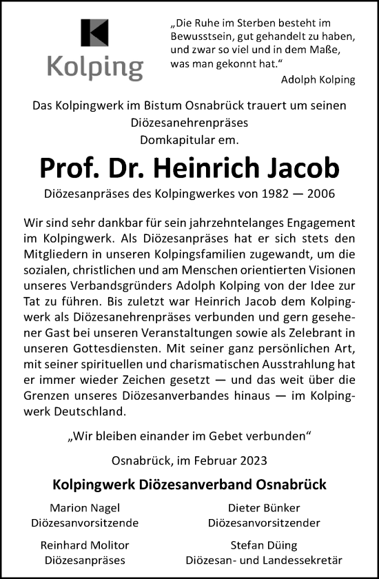 Traueranzeige von Heinrich Jacob von Neue Osnabrücker Zeitung GmbH & Co. KG