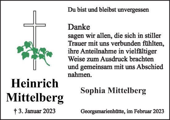 Traueranzeige von Heinrich Mittelberg von Neue Osnabrücker Zeitung GmbH & Co. KG