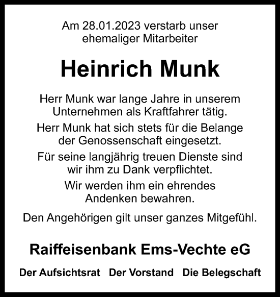 Traueranzeige von Heinrich Munk von Neue Osnabrücker Zeitung GmbH & Co. KG