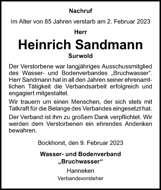 Traueranzeige von Heinrich Sandmann von Neue Osnabrücker Zeitung GmbH & Co. KG