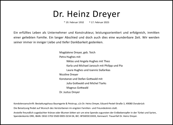 Traueranzeige von Heinz Dreyer von Neue Osnabrücker Zeitung GmbH & Co. KG