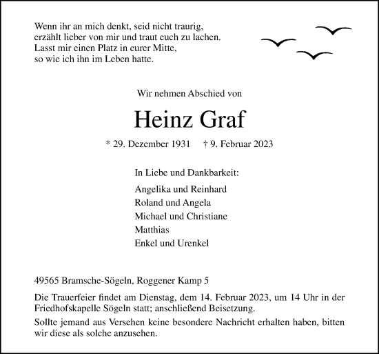 Traueranzeige von Heinz Graf von Neue Osnabrücker Zeitung GmbH & Co. KG