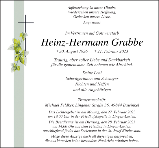 Traueranzeige von Heinz-Hermann Grabbe von Neue Osnabrücker Zeitung GmbH & Co. KG