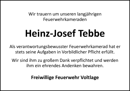 Traueranzeige von Heinz-Josef Tebbe von Neue Osnabrücker Zeitung GmbH & Co. KG