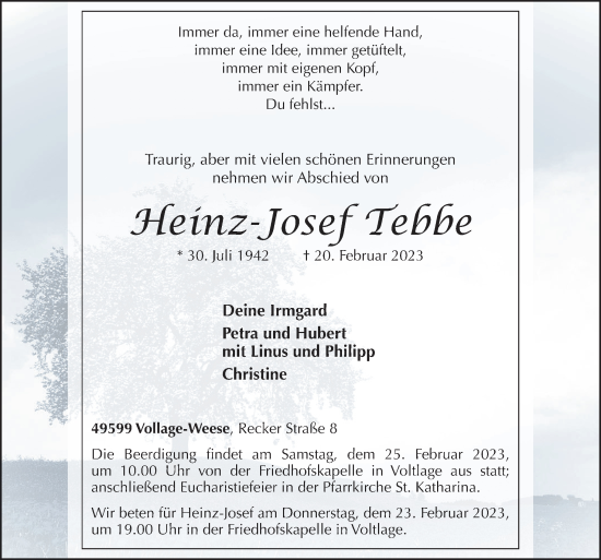 Traueranzeige von Heinz-Josef Tebbe von Neue Osnabrücker Zeitung GmbH & Co. KG
